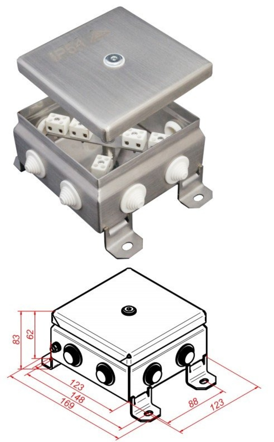 Коробка огнестойкая КМ-О (12к)-IP55-1212, 8 вводов, нержавейка